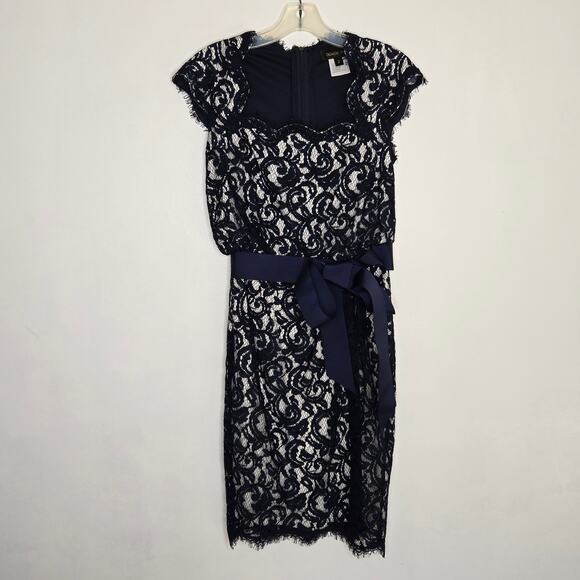 Tadashi Shoji Lace Cocktail Dress Navy Cap Sleeve Tie Waist Event Women 2 - Picture 11 of 13